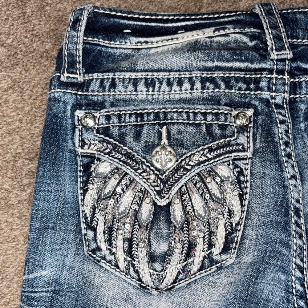 Miss Me Blue low-rise Flare Jeans with Silver Embellishments